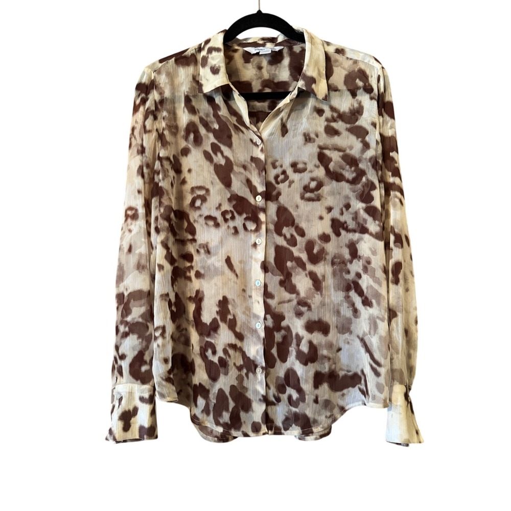 Button Down Blouse Large Brown Animal Print Sheer Chiffon Boho Classic